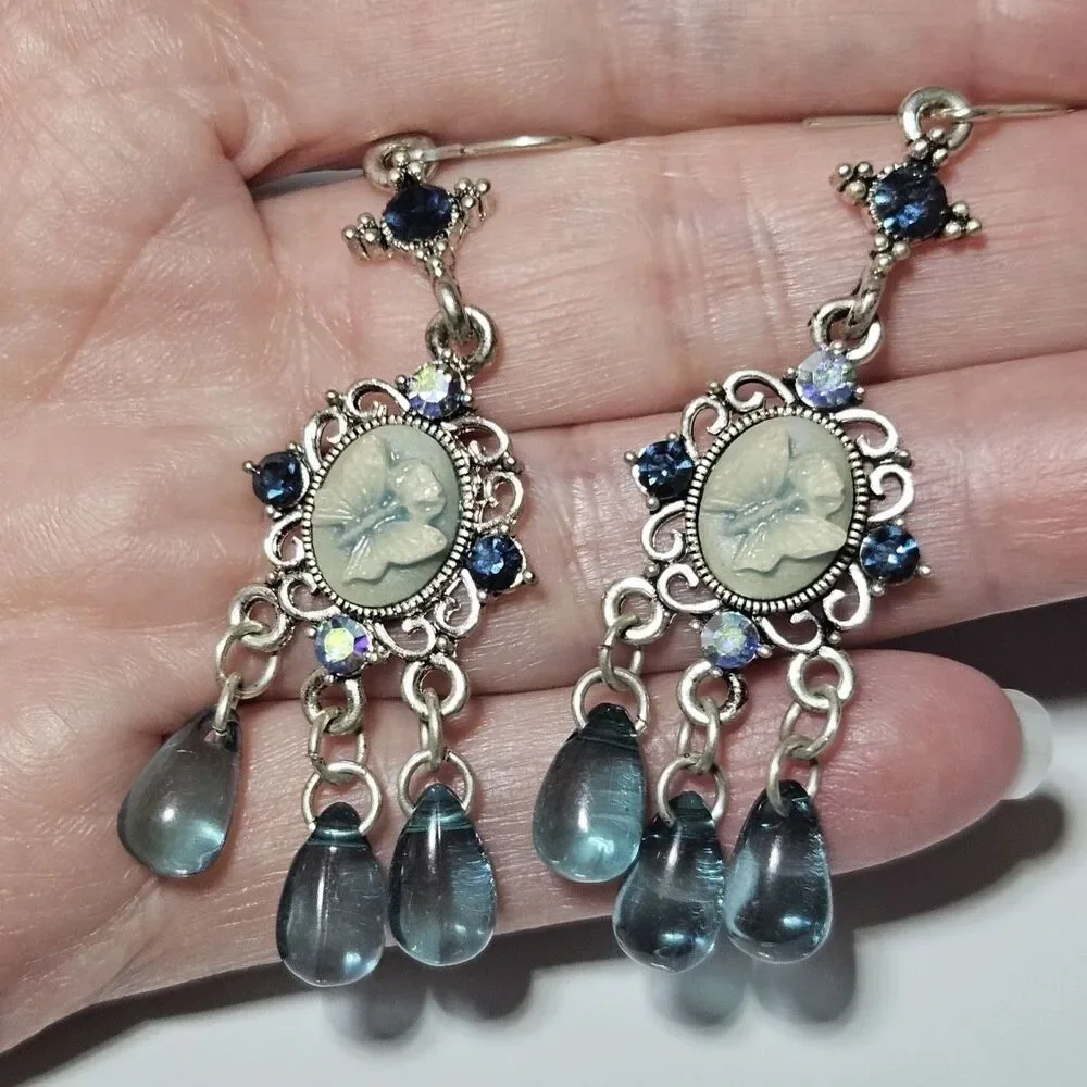 Silver Tone Blue Butterfly Cameo Chandelier Blue Glass Earrings